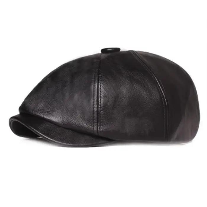 1 PC Retro Octagonal Chapeau en Cuir Autumn Men's Beret Elegant Fashion Cap Caps Pour Hommes Femmes