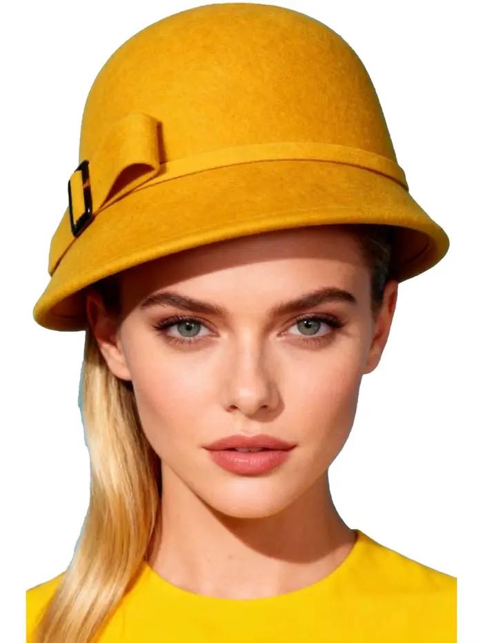 FS femmes noir laine feutre Cloche britannique haut seau chapeau avec nœud papillon à large bord melon Fedoras dames jaune disquette Derby chapeaux