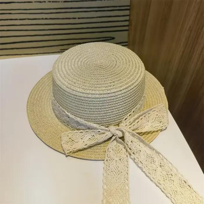 Chapeau de plage en paille solide avec nœud papillon et dentelle pour femmes et petites filles été ocassions spéciales plage