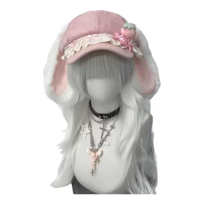 Casquette de baseball rose à oreilles de lapin en dentelle