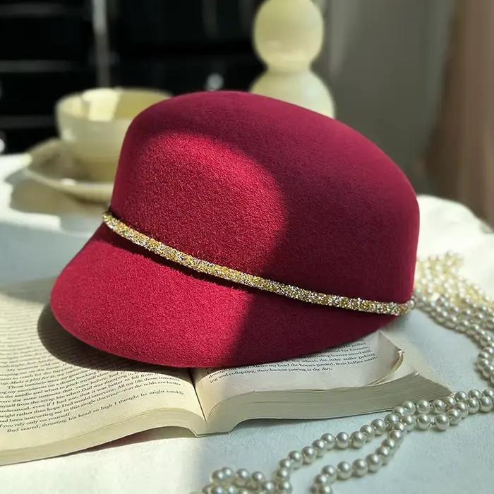 Béret en tweed de laine décoré de strass style britannique vintage pour femmes élégantes occasions spéciales automne hiver équitation