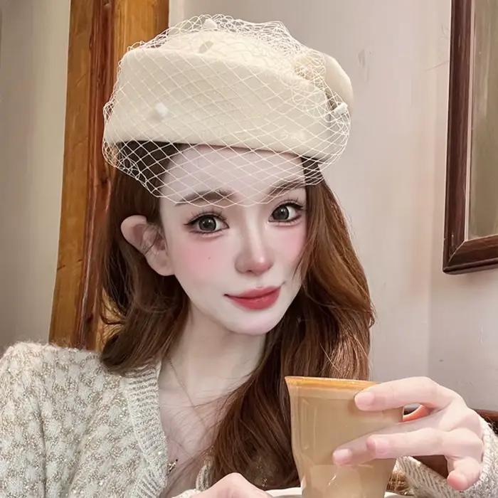 Chapeau à nœud en laine de Style britannique Vintage avec voile