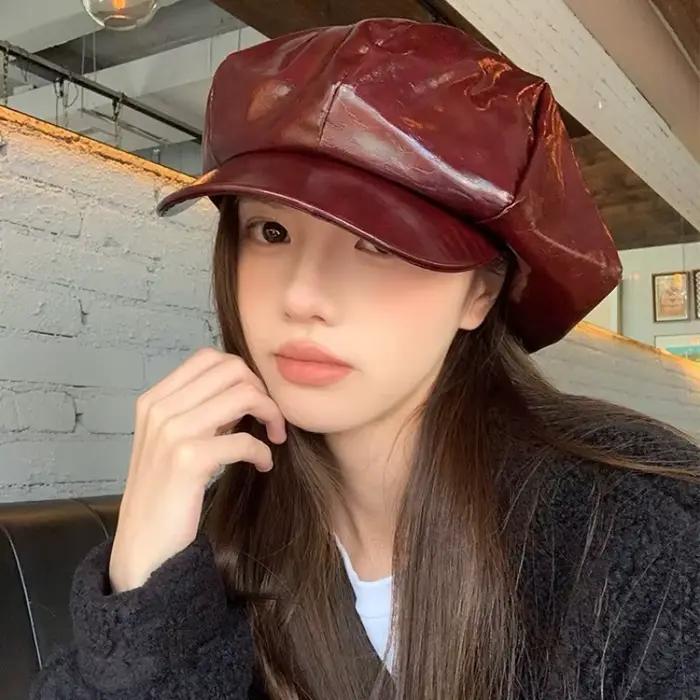 Ankora béret rouge femme automne et hiver spectacle visage petites nuages casquette octogonale Style britannique PU cuir peintre chapeau Gorras Hombre