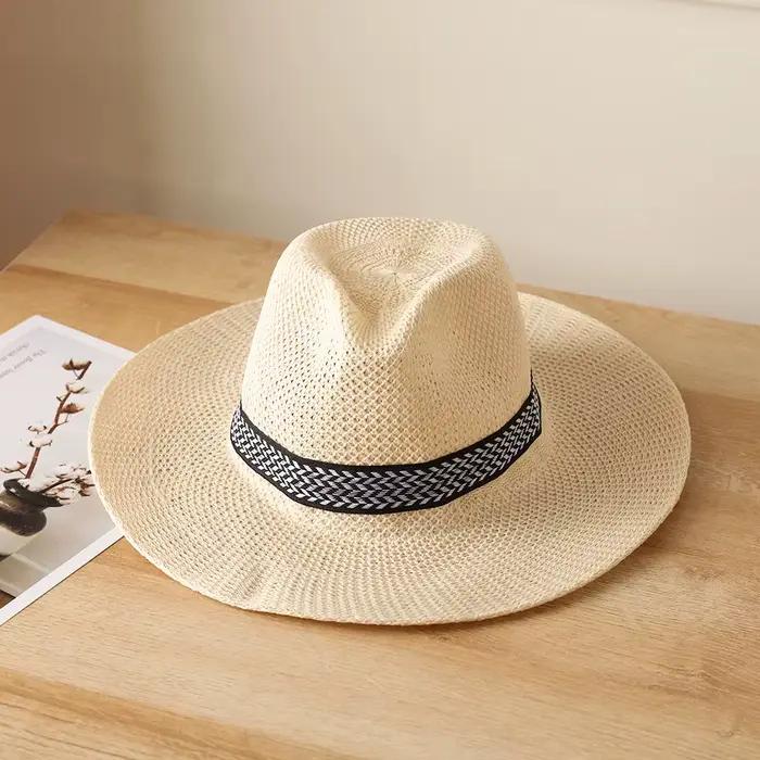 Chapeau de paille large bord protection solaire pour homme et femme style simple couleurs beige blanc gris kaki occassions estivales et printanières