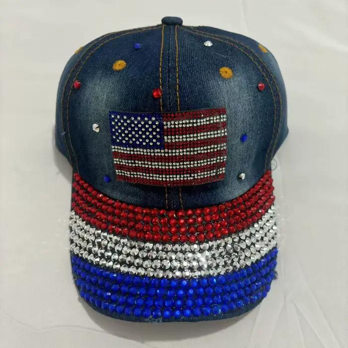 Casquette de Baseball en Denim avec drapeau en strass pour femmes