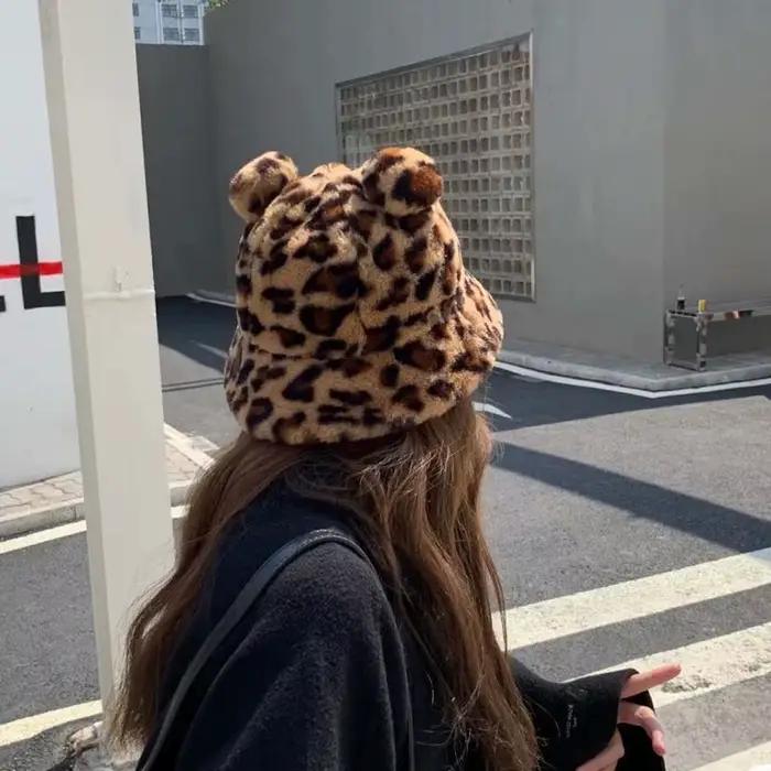 Épais filles automne hiver oreilles d'ours léopard femmes seau chapeaux bassin chapeau pêcheur