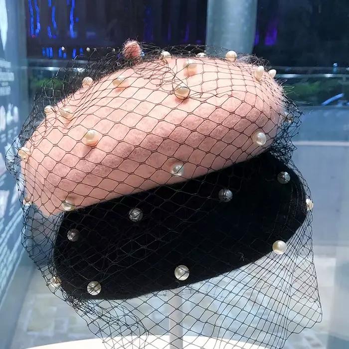 Béret en maille perlée pour femme chapeau rétro multifonctionnel en dentelle pour toutes les saisons occasions extérieures et intérieures
