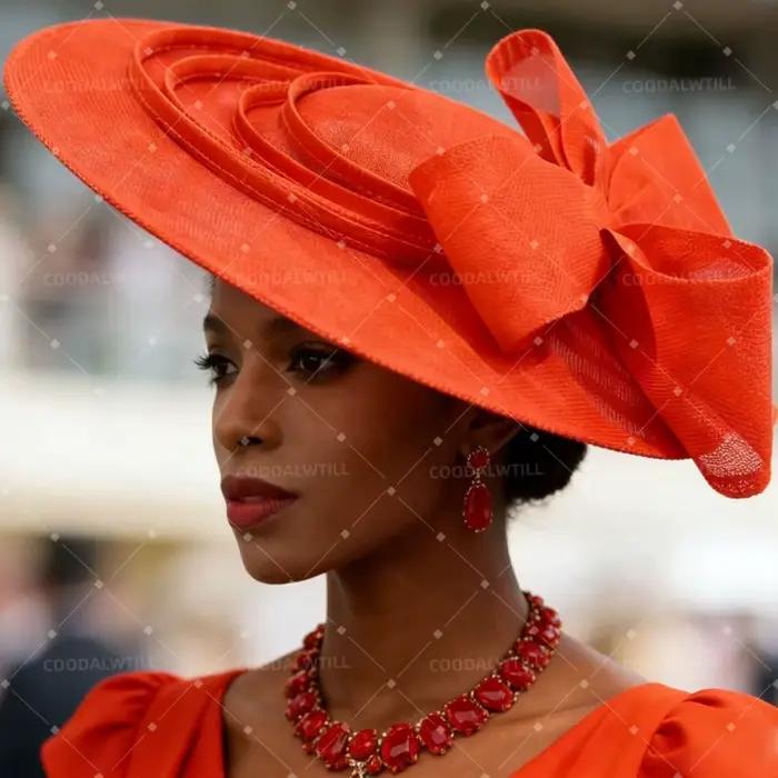 Grand chapeau fascinateur orange avec nœud et pince pour femme