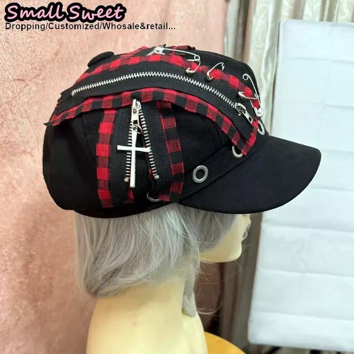 Femmes Y2k fille Harajuku gothique Grunge Punk grille tissu béret chapeaux Chic Streetwear Goth Lolita croix Rock casquettes journal chapeau