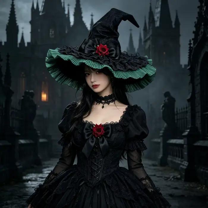 Chapeau de sorcière gothique Lolita à large bord, noir et violet, avec volants, dentelle et nœud rose, accessoires de costume pour Halloween, cosplay et soirées masquées