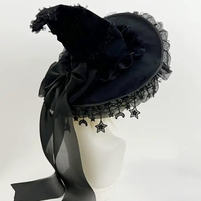 Chapeau de sorcière gothique en dentelle polaire avec nœud papillon pour enfants et adultes occasions spéciales Halloween cosplay princesses magiciennes