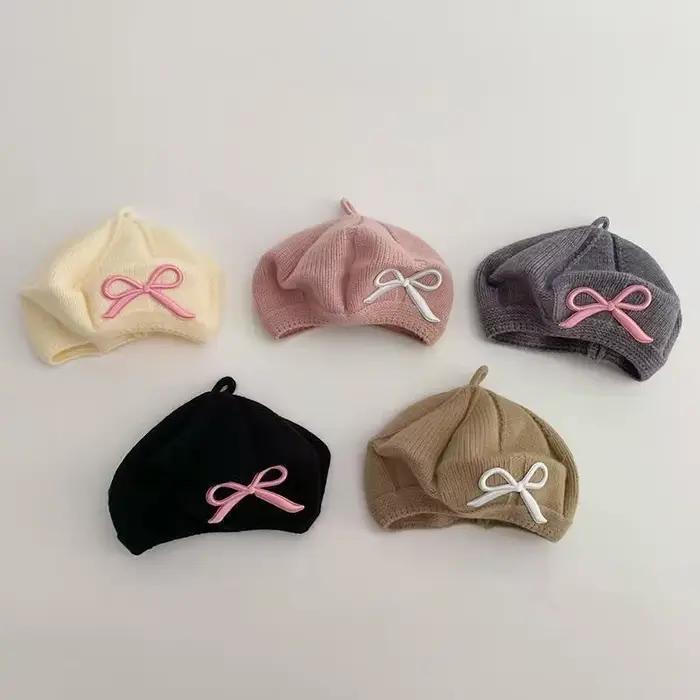 Béret pour filles, chapeau tricoté en laine avec nœud brodé