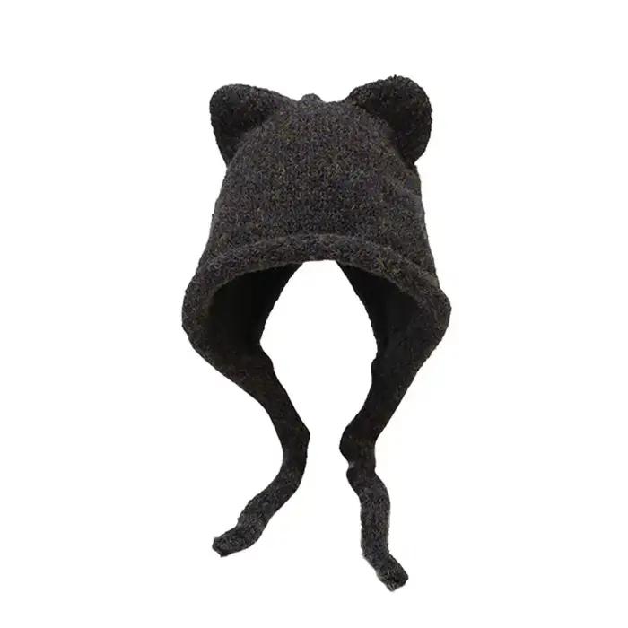 Corée du Sud mignon chat oreille tricoté chapeau femmes japonais cravate tout chaud coupe-vent