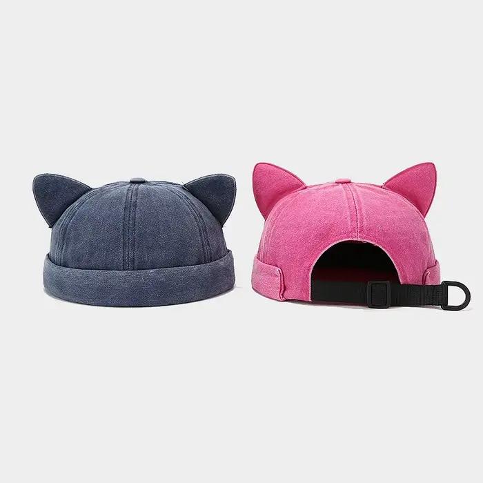 Nouveau mignon oreilles de chat Melon peau casquette femmes réglable mode polyvalent sans bords dôme propriétaire chapeau hommes Denim Hip Hop Beanie casquettes
