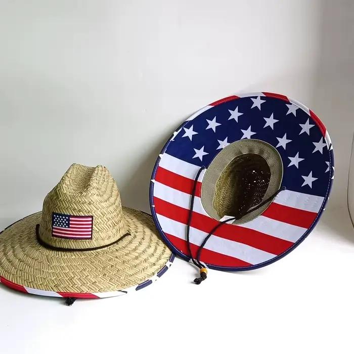 Chapeau de soleil en paille à large bord avec drapeau américain chapeau de sauveteur patriotique pour femmes été plage pêche activités extérieures