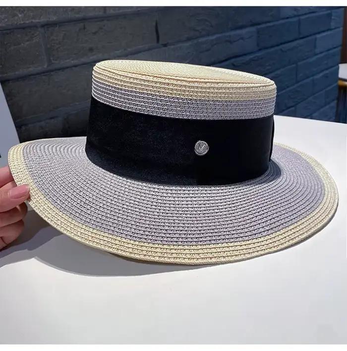 Chapeau de paille rétro britannique color-block pour femme