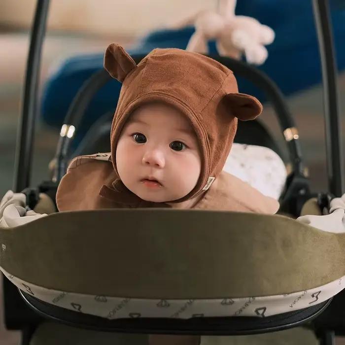 Kiorean Fashion Style Bébé Garçon Fille Oreille Chapeau | Ream Bonnet à enfiler oreilles d'ours beige avec attaches pour photo de nouveau-né Phoro Pajjkoer