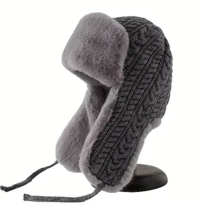 Chapeau en tricot pour femmes avec oreillettes étendues, conception épaisse à nouer, style coréen, polyester, hiver, décontracté, tricoté