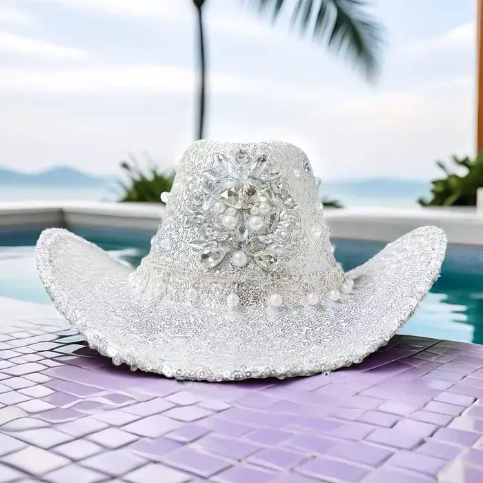 Argent Western Cowboy Chapeau Strass Homme - Vintage
