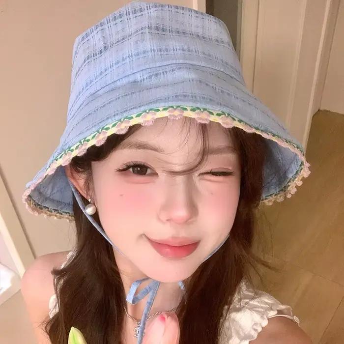 Chapeau de pêcheur pour femmes chapeaux à fleurs douces avec corde coupe vent protection solaire extérieure seau automne voyage printemps