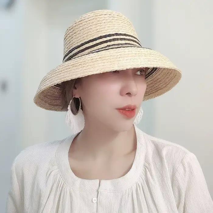 Everche-Chapeau de paille rayé noir pour femme