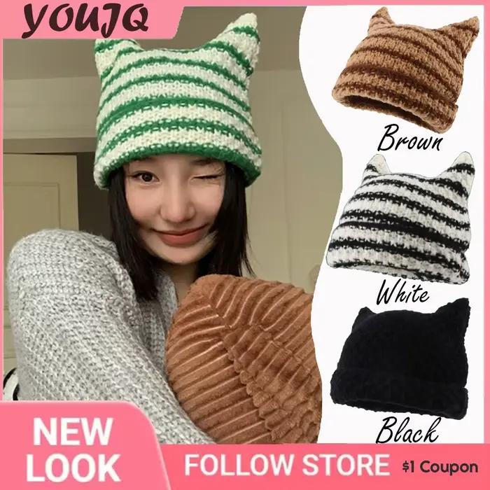 Y2K japonais bonnet chapeau Ins petit diable rayé tricoté casquettes pour femmes automne hiver mignon chat oreilles