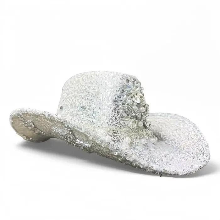 Argent Western Cowboy Chapeau Strass Homme - Vintage