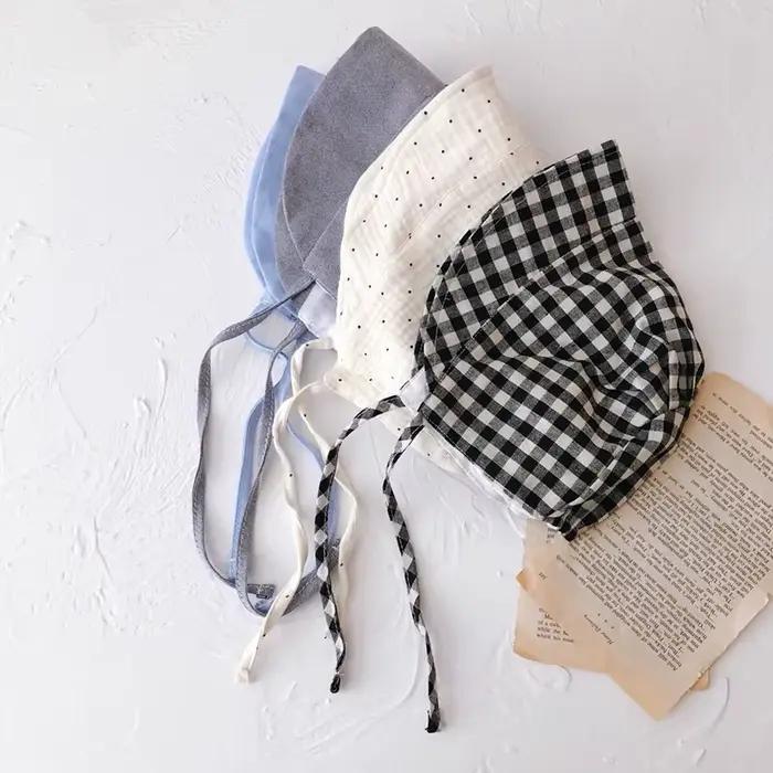Chapeau de soleil à large bord pour bébé 3-12 mois protection auditive style japon coréen plaid coton polyester tricoté ajustable occassions printemps automne