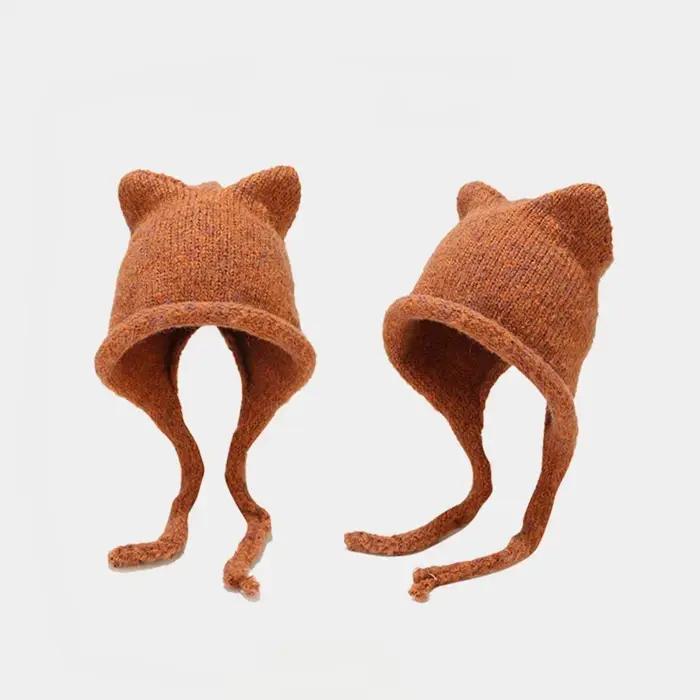 Corée du Sud mignon chat oreille tricoté chapeau femmes japonais cravate tout chaud coupe-vent