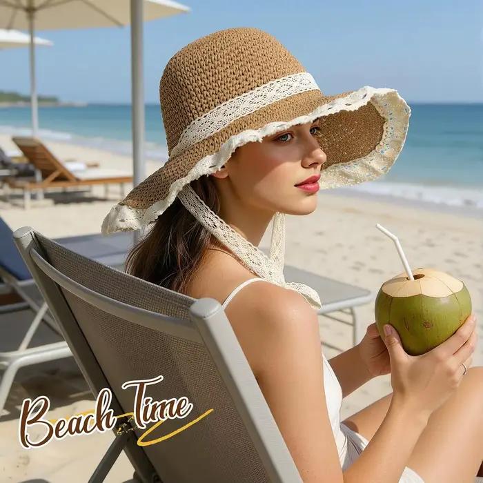 Chapeaux de plage pour femmes - Chapeau de soleil pliable en paille avec ruban en dentelle pour femme 2026