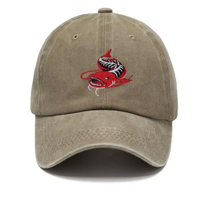 Casquette de baseball grise délavée unisexe motif brodé poisson pêcheur réglable pour la pêche et les sports décontractés