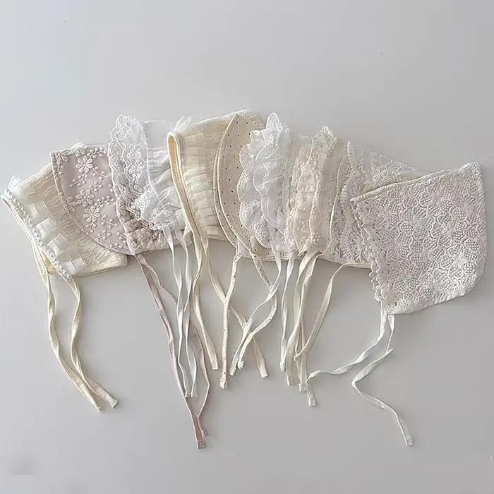 Nouveau bébé Bonnet dentelle nouveau-né fille baptême chapeau pour 0-6 mois filles coton été infantile