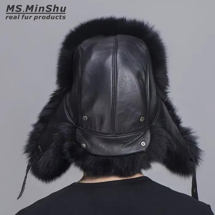 Ms.MinShu Véritable chapeau en fourrure de renard noir avec cuir de mouton unisexe hiver réglable oreillette