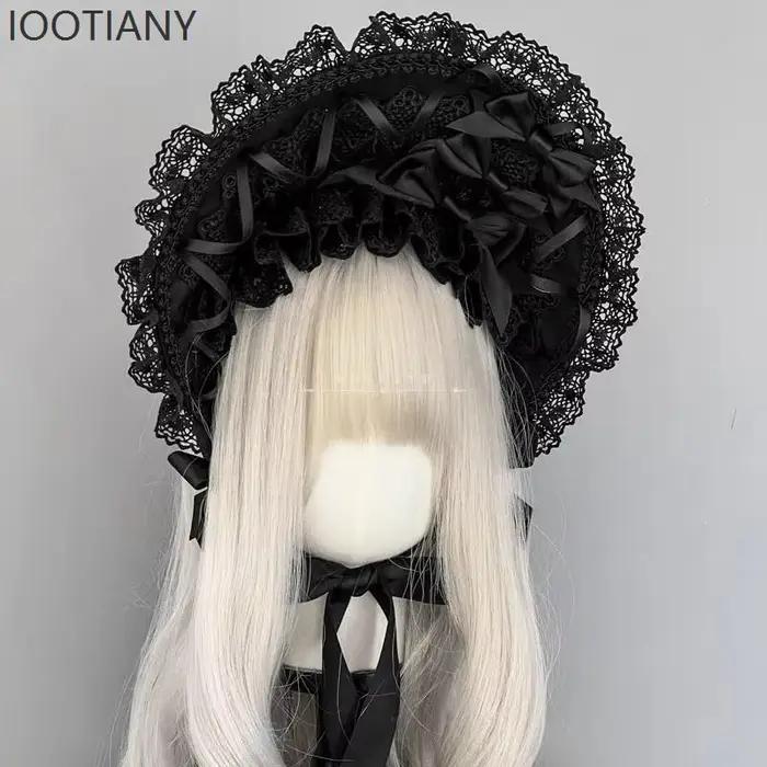 IOOTIANY Original gothique Lolita bordeaux dentelle chapeau femmes rétro victorien élégant ruban pansement thé fête plage plat chapeaux 2026