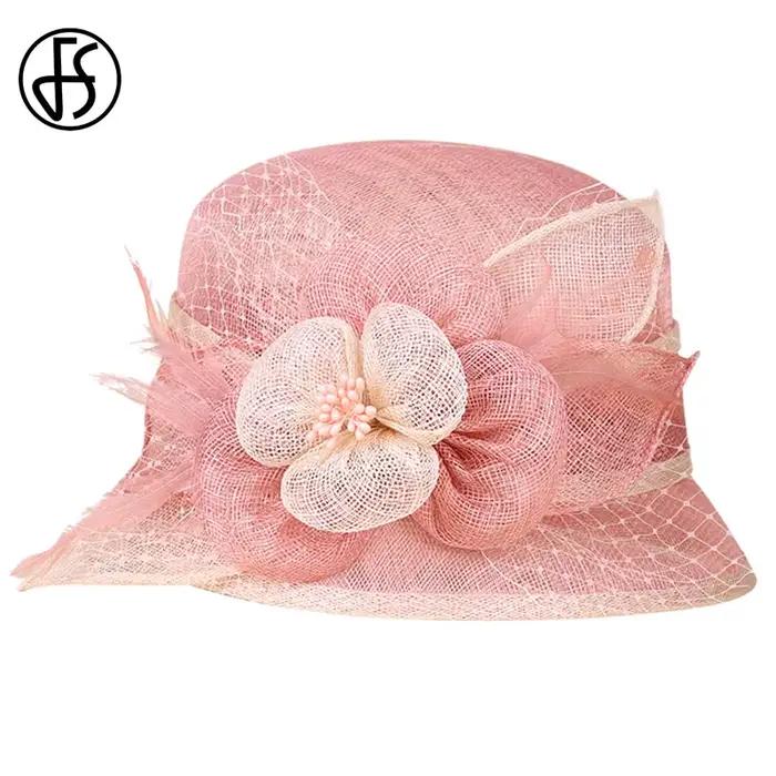 Sinamay-Chapeau Fedoras Rose à Fleurs pour Femme