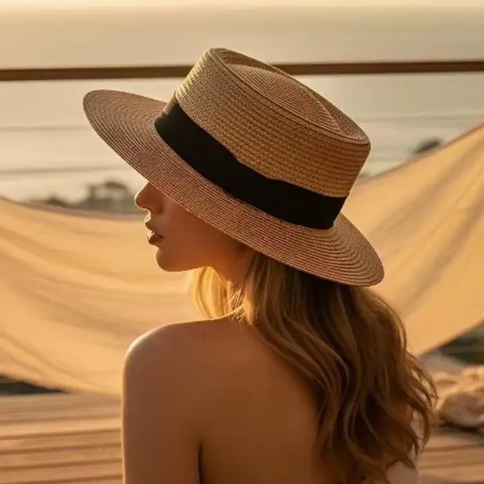 Chapeau de paille à calotte plate style français pour femme