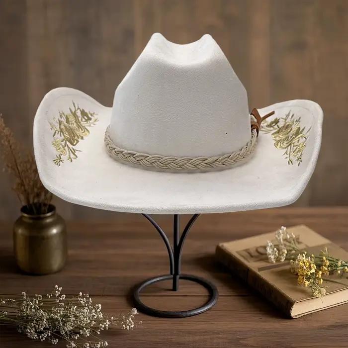 Lamuusaa y2k Western Cowgirl Hat pour femmes et hommes à la mode broderie florale large bord Protection solaire feutre robe chapeau