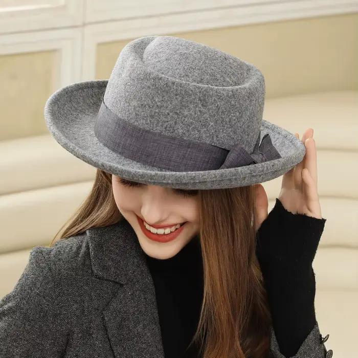 Chapeau d'hiver en feutre de laine avec nœud, rétro britannique, bord roulé, haut plat, Fedora pour tenue quotidienne, accessoire de mode