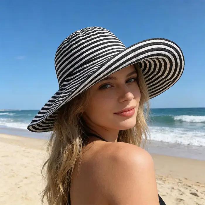 Chapeau Bob Vintage Rayé à Large Bord pour Femme