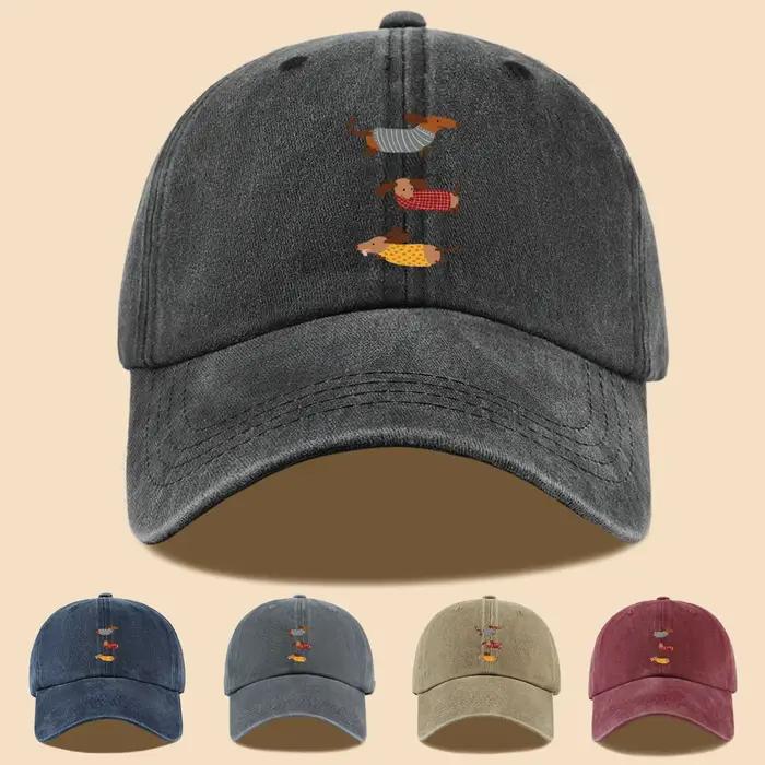 Casquette de baseball avec imprimé amusant de trois teckels en tenues rayées
