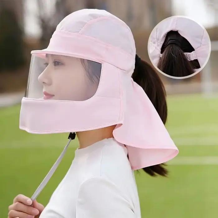 Chapeau de soleil anti-UV avec masque intégré en soie glacée respirante pour femme