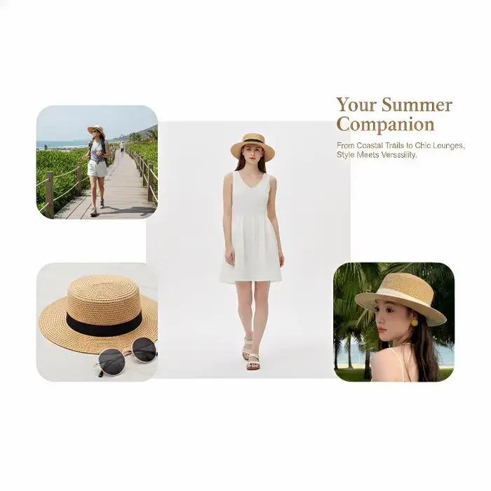 Chapeau de paille à bord plat de style français tendance pour femme