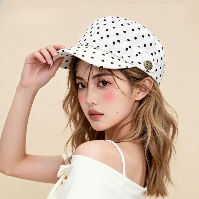 Bérets octogonaux rétro à pois jacquard imprimés pour femmes – Printemps/Automne – Décontractés et polyvalents – Effet amincissant du visage – Style littéraire – Casquette Boina