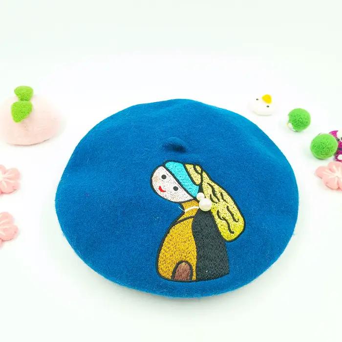 Béret de laine fait à la main pour femmes, chapeau de gavroche à pois chauds, casquette de peintre de nuage, chapeau de marche en plein air, automne, hiver, printemps, motif floral, broderie alphabétique