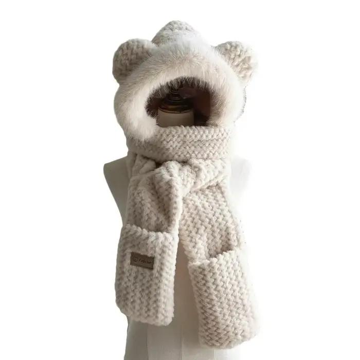 Chapeau écharpe gants trois pièces casquette chaude en peluche bavoir hiver fille russe Toboggan moelleux tricoté bonnets