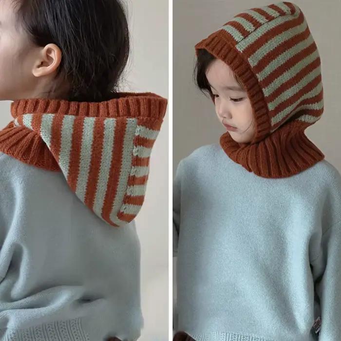Garçons filles Protection des oreilles écharpe chapeaux automne hiver chaud coréen à capuche bonnet enfants rayé cagoule chapeau