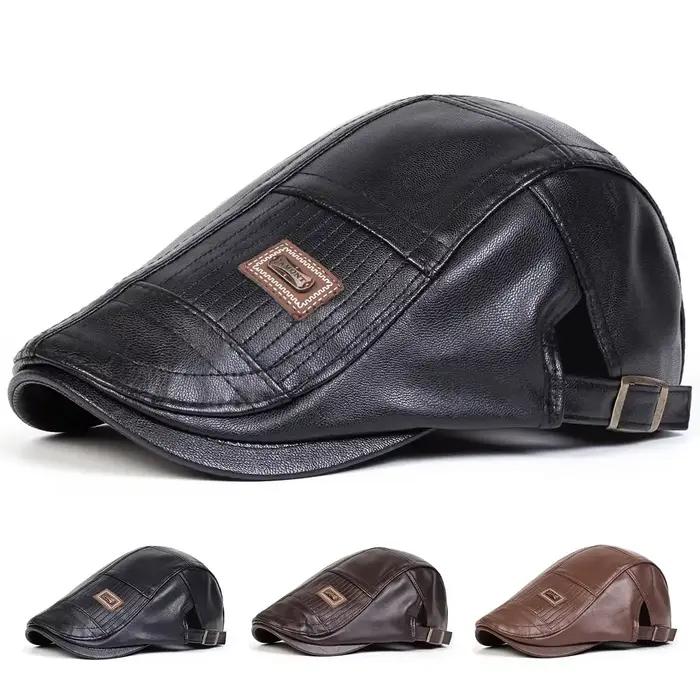 Casquettes de gavroche rétro en cuir PU pour hommes