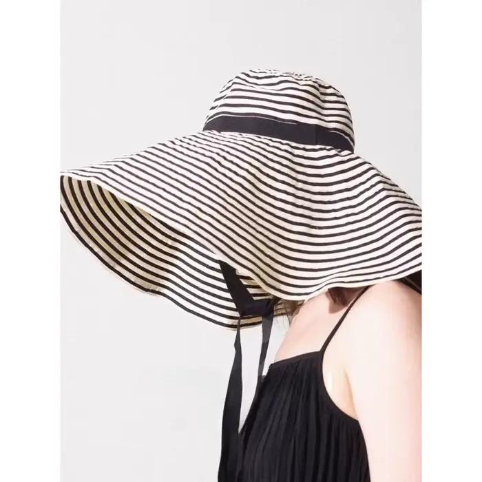 Chapeaux de pêcheur de soleil à rayures beige et blanches pour femmes, protection UV, large bord, voyage en plein air, pare-soleil, casquettes de bassin
