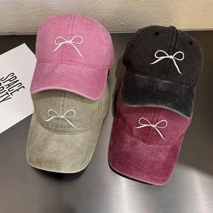 Casquette de Baseball brodée avec nœud doux pour femmes Y2K rose coréen lavé coton chapeau à visière été en plein air Snapback queue de cheval chapeaux de soleil