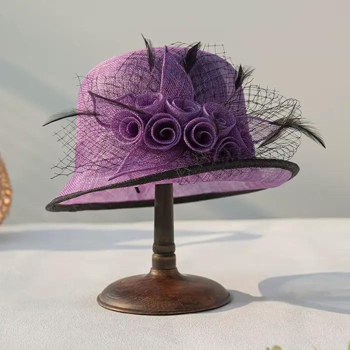 Chapeau de cérémonie élégant en gaze de lin pour femmes, style philippin, motif floral, idéal pour les banquets et cérémonies春夏秋冬季均适用的女士菲律宾风格精致宴会仪式礼帽，亚麻纱材质，花卉图案，适合宴会和典礼场合